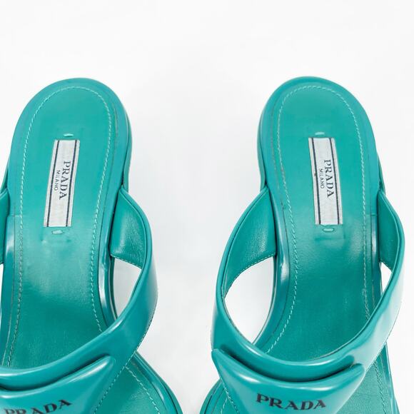 Prada Assenzio Green Padded Logo Square Toe Kitten Heel Thong Sandals IT 40 - Picture 8 of 14